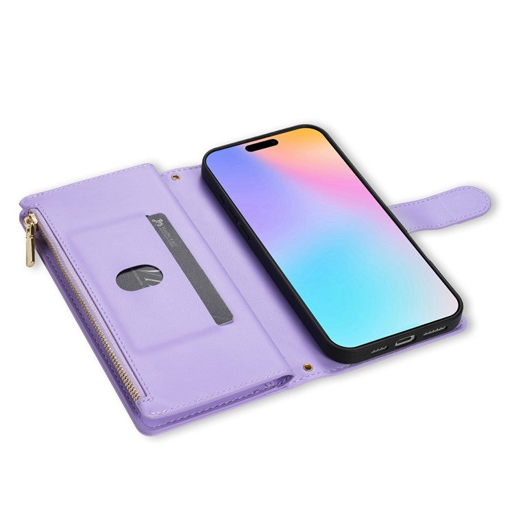 For iPhone 16 Plus Case Rhombus Stitching Leather Wallet Phone Cover with Long  /  Short Strap - Light Purple
