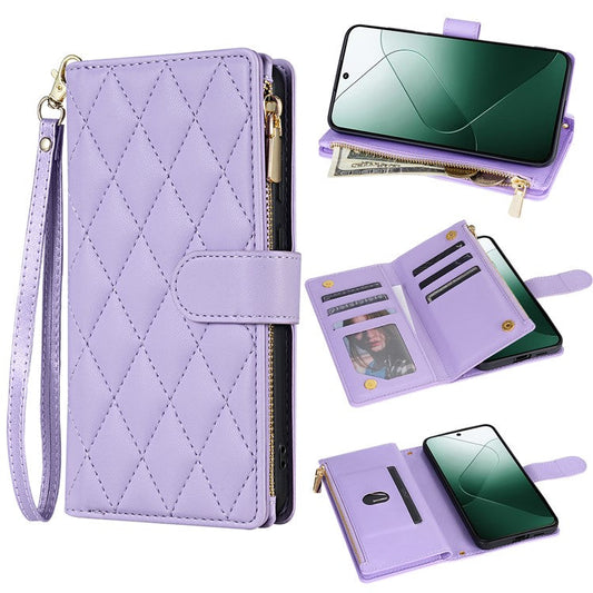 For Google Pixel 9 Pro  /  Pixel 9 Case Rhombus Stitching Leather Wallet Phone Cover with Long  /  Short Strap - Light Purple