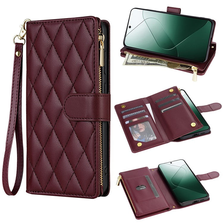 For Google Pixel 9 Pro  /  Pixel 9 Case Rhombus Stitching Leather Wallet Phone Cover with Long  /  Short Strap - Wine Red