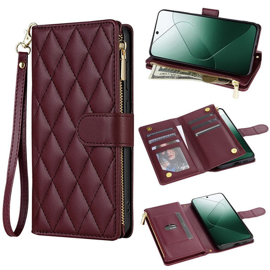 For Google Pixel 9 Pro  /  Pixel 9 Case Rhombus Stitching Leather Wallet Phone Cover with Long  /  Short Strap - Wine Red