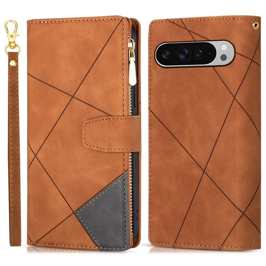 For Google Pixel 9 Pro XL Wallet Case Color Splicing Leather Phone Cover with Stand - Brown