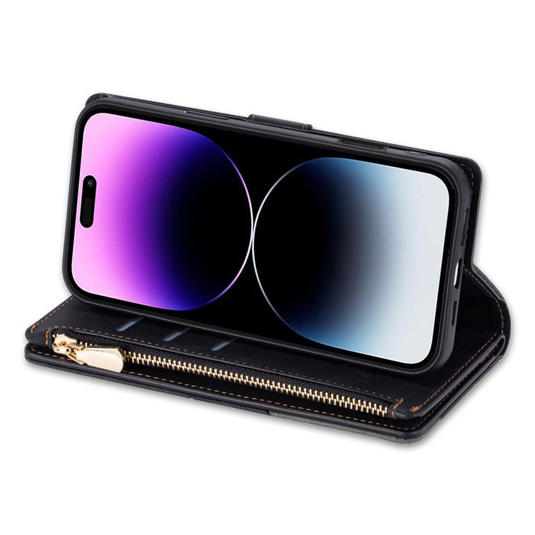 For iPhone 16 Wallet Case Color Splicing Leather Phone Cover with Stand - Black