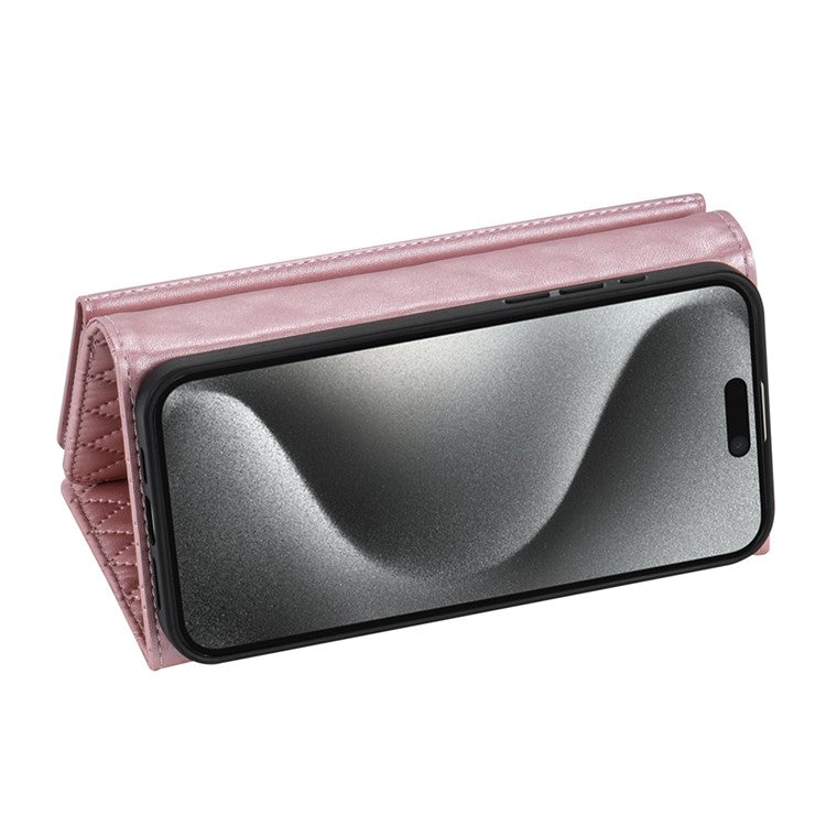 BKS-002 For iPhone 16 Wallet Case PU Leather Stand Phone Cover with Shoulder Strap - Rose Gold