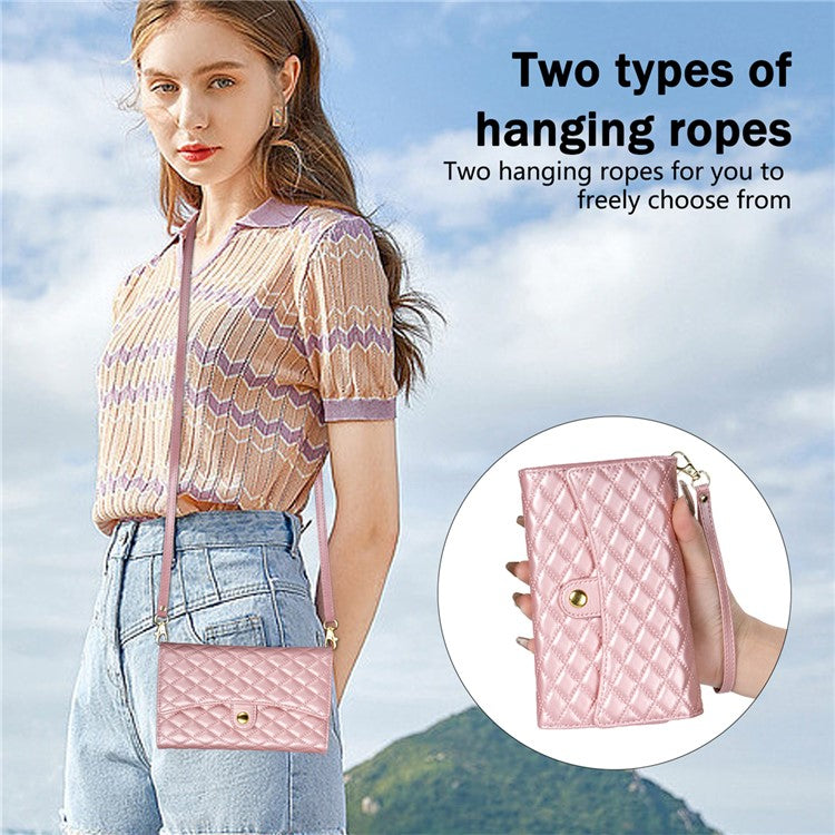 BKS-002 For iPhone 16 Wallet Case PU Leather Stand Phone Cover with Shoulder Strap - Rose Gold