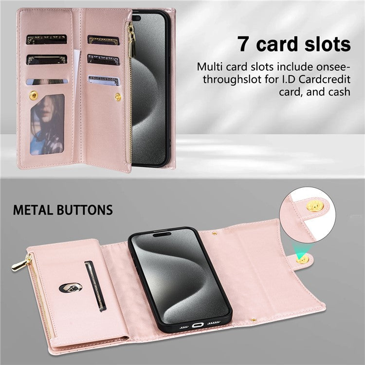 BKS-002 For iPhone 16 Wallet Case PU Leather Stand Phone Cover with Shoulder Strap - Rose Gold