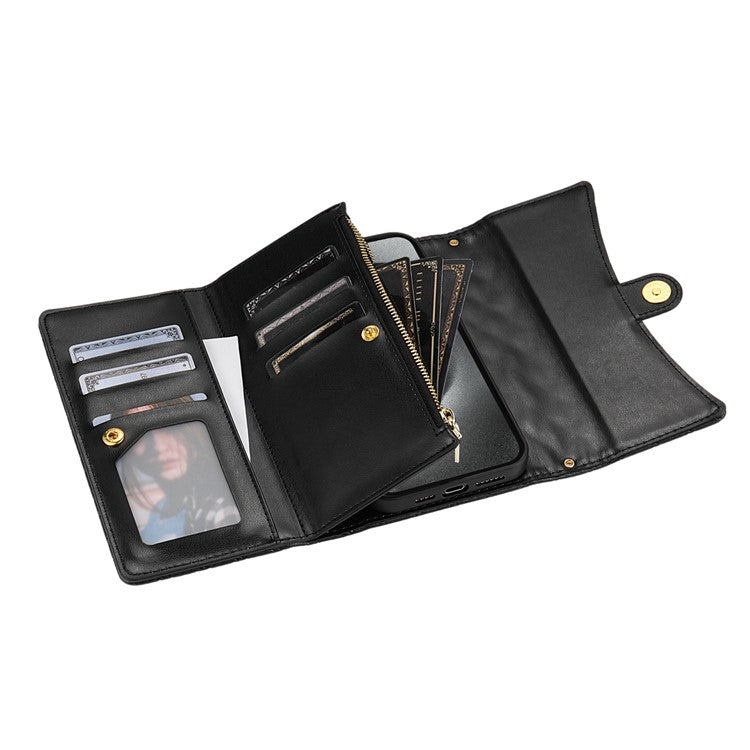 BKS-002 For iPhone 16 Wallet Case PU Leather Stand Phone Cover with Shoulder Strap - Black