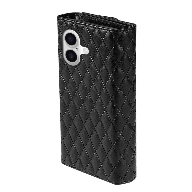 BKS-002 For iPhone 16 Wallet Case PU Leather Stand Phone Cover with Shoulder Strap - Black