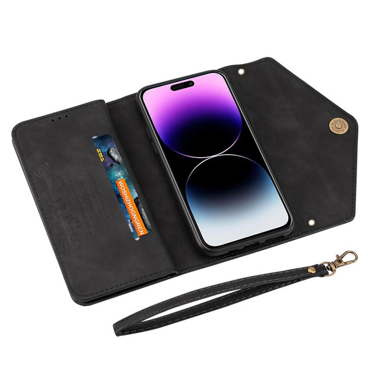 N.BEKUS For iPhone 16 Cases Skin-Touch Leather Wallet Phone Cover with Straps - Black