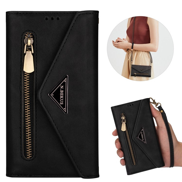 N.BEKUS For iPhone 16 Cases Skin-Touch Leather Wallet Phone Cover with Straps - Black