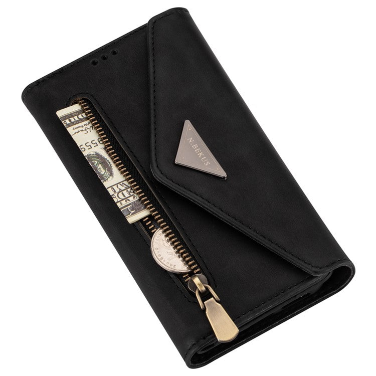 N.BEKUS For iPhone 16 Cases Skin-Touch Leather Wallet Phone Cover with Straps - Black