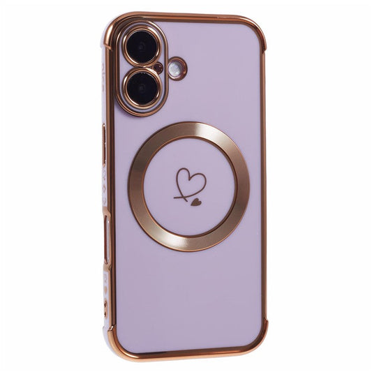 For iPhone 16 Plus Case Compatible with MagSafe Electroplated TPU Phone Cover Hollow Love Hearts - Purple