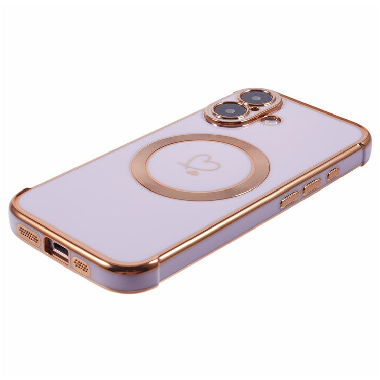 For iPhone 16 Plus Case Compatible with MagSafe Electroplated TPU Phone Cover Hollow Love Hearts - Purple
