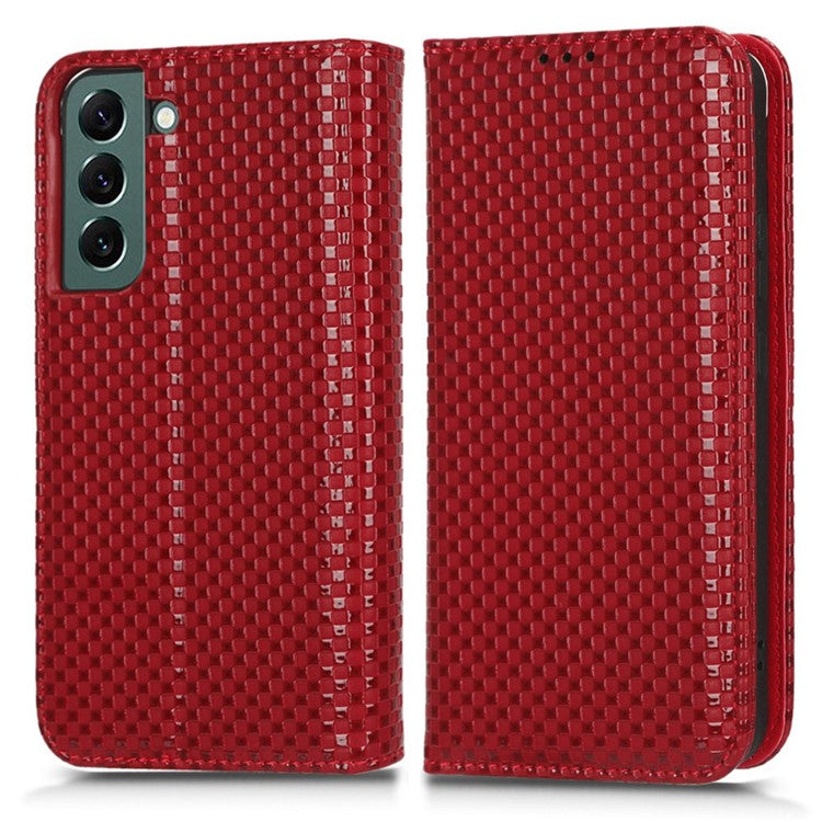 For Samsung Galaxy S22+ 5G Anti-shock Grid Texture Phone Cover Stand Full Protection PU Leather Phone Flip Wallet Case - Wine Red