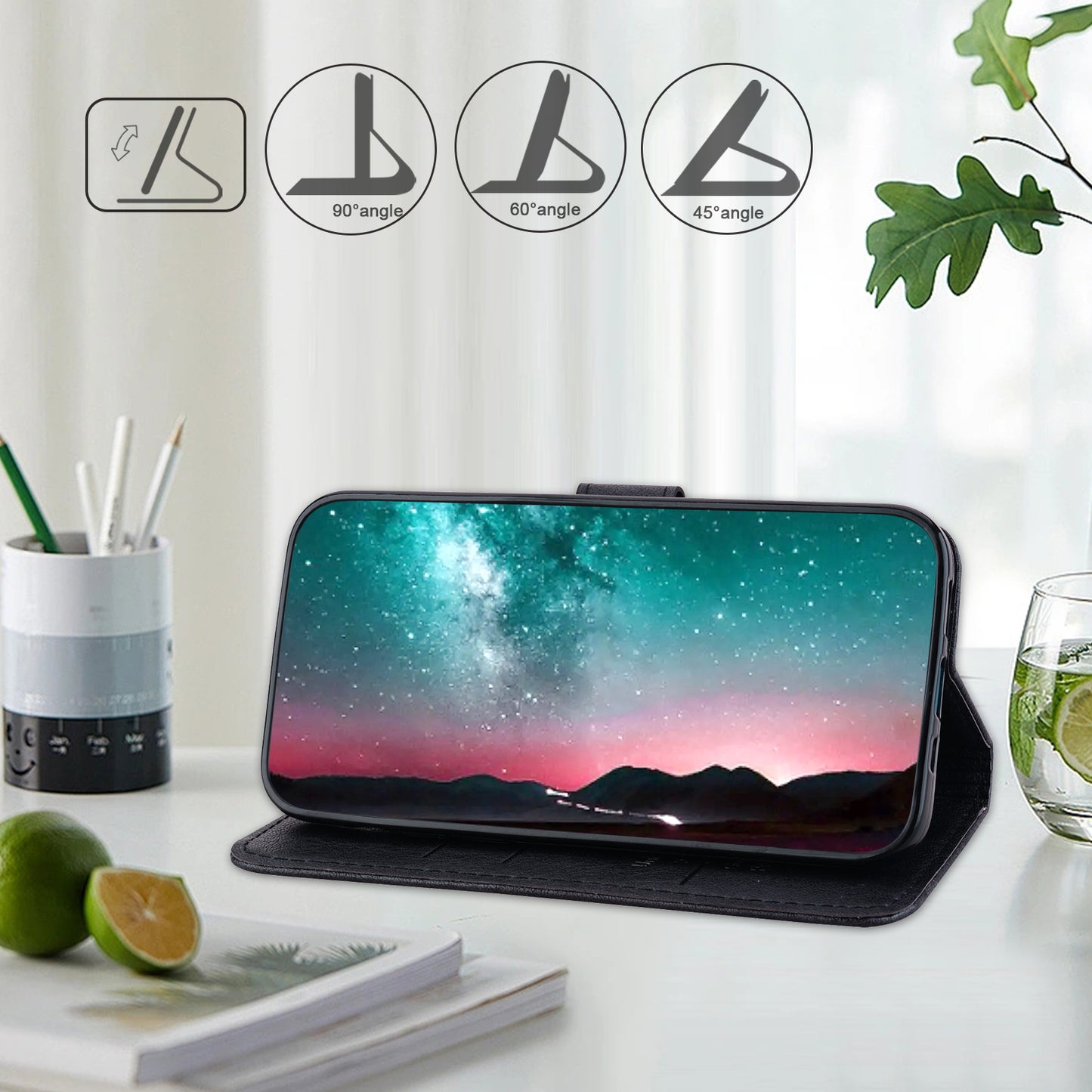 For Samsung Galaxy A16 5G / A16 4G Case Solid Color Leather Folding Stand Wallet Leather Phone Cover - Black