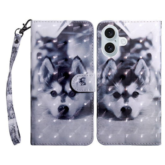 For iPhone 16 Plus Case Stand Pattern Printing Leather Phone Cover - Husky
