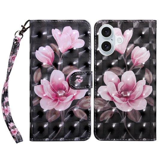 For iPhone 16 Plus Case Stand Pattern Printing Leather Phone Cover - Pink Flower