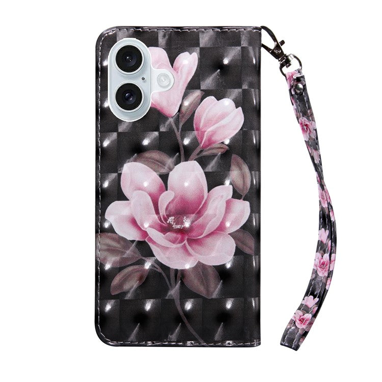 For iPhone 16 Plus Case Stand Pattern Printing Leather Phone Cover - Pink Flower