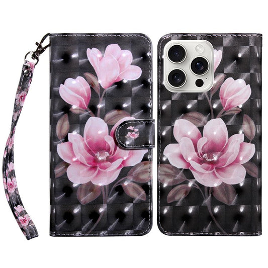 For iPhone 16 Pro Case Stand Pattern Printing Leather Phone Cover - Pink Flower