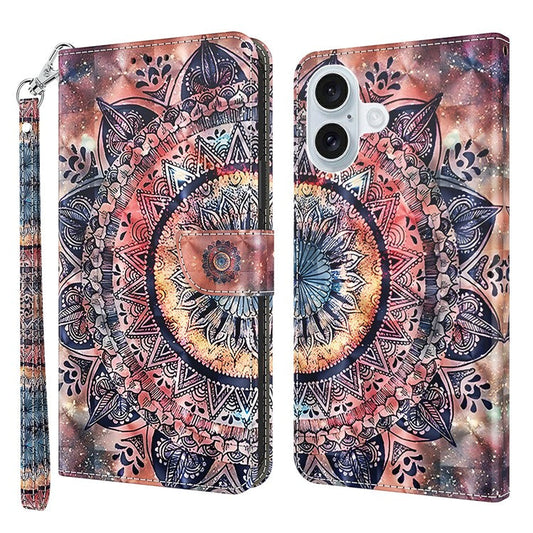 For iPhone 16 Case Stand Pattern Printing Leather Phone Cover - Color Mandala