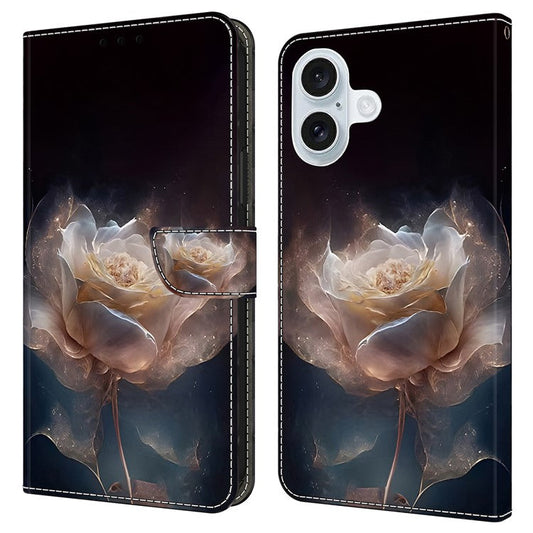 For iPhone 16 Plus Case Pattern Printed Protective Leather Flip Phone Case - Peony