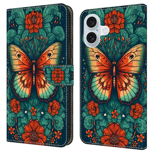 For iPhone 16 Plus Case Pattern Printed Protective Leather Flip Phone Case - Flower Butterfly
