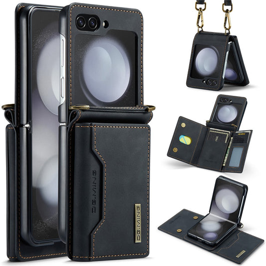 DG.MING M2 Series for Samsung Galaxy Z Flip7 FE 5G / Z Flip6 5G Case PU+PC Phone Cover with Wallet, Strap - Black