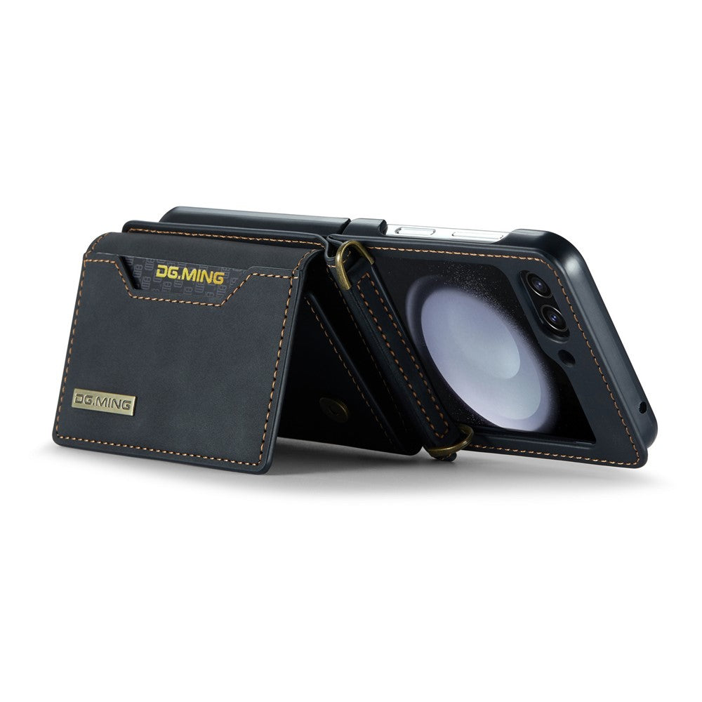 DG.MING M2 Series for Samsung Galaxy Z Flip7 FE 5G / Z Flip6 5G Case PU+PC Phone Cover with Wallet, Strap - Black