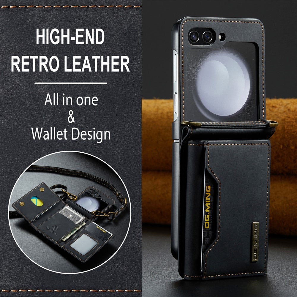 DG.MING M2 Series for Samsung Galaxy Z Flip7 FE 5G / Z Flip6 5G Case PU+PC Phone Cover with Wallet, Strap - Black