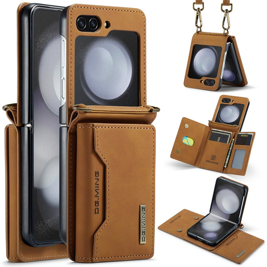 DG.MING M2 Series for Samsung Galaxy Z Flip7 FE 5G / Z Flip6 5G Case PU+PC Phone Cover with Wallet, Strap - Brown
