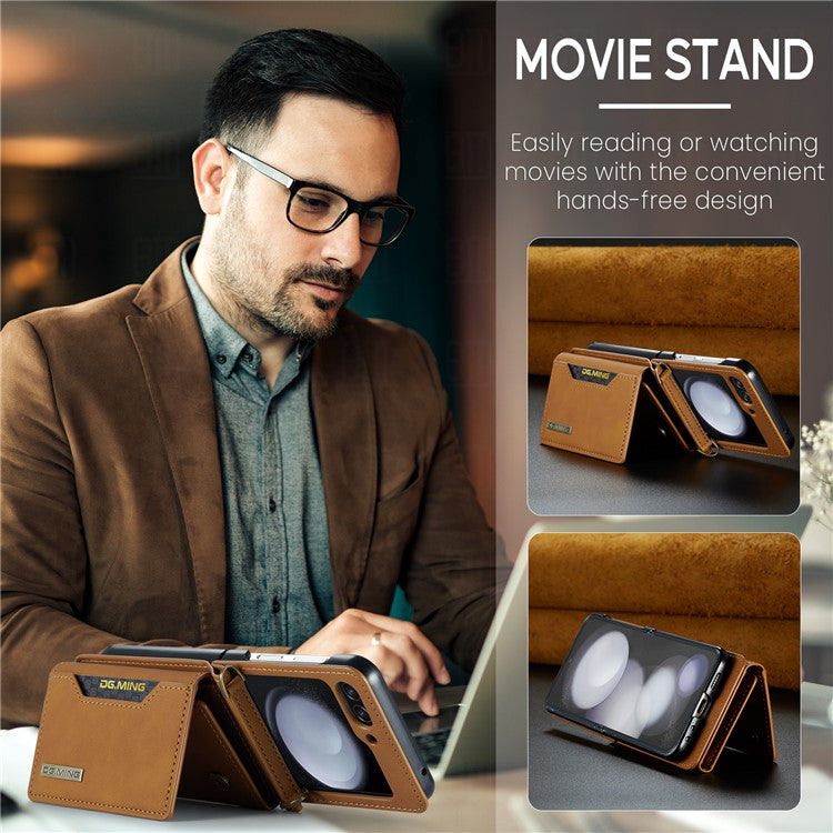 DG.MING M2 Series for Samsung Galaxy Z Flip6 5G Case PU+PC Phone Cover with Wallet, Strap - Brown