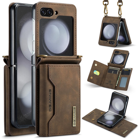 DG.MING M2 Series for Samsung Galaxy Z Flip7 FE 5G / Z Flip6 5G Case PU+PC Phone Cover with Wallet, Strap - Coffee