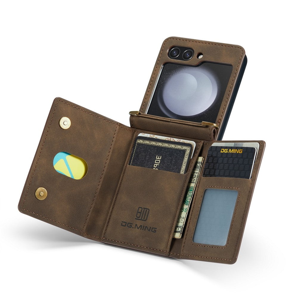 DG.MING M2 Series for Samsung Galaxy Z Flip7 FE 5G / Z Flip6 5G Case PU+PC Phone Cover with Wallet, Strap - Coffee