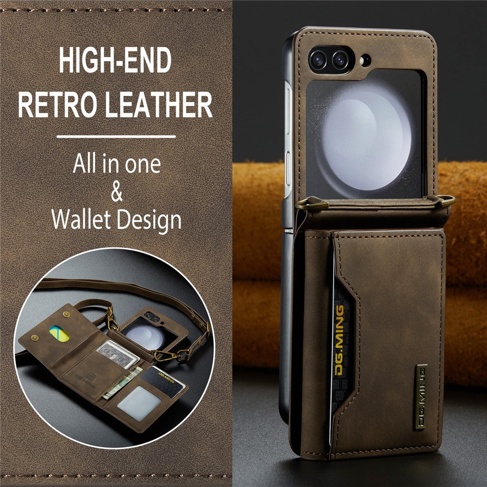 DG.MING M2 Series for Samsung Galaxy Z Flip7 FE 5G / Z Flip6 5G Case PU+PC Phone Cover with Wallet, Strap - Coffee
