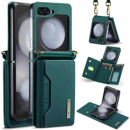 DG.MING M2 Series for Samsung Galaxy Z Flip7 FE 5G / Z Flip6 5G Case PU+PC Phone Cover with Wallet, Strap - Green