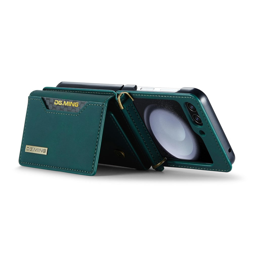 DG.MING M2 Series for Samsung Galaxy Z Flip7 FE 5G / Z Flip6 5G Case PU+PC Phone Cover with Wallet, Strap - Green