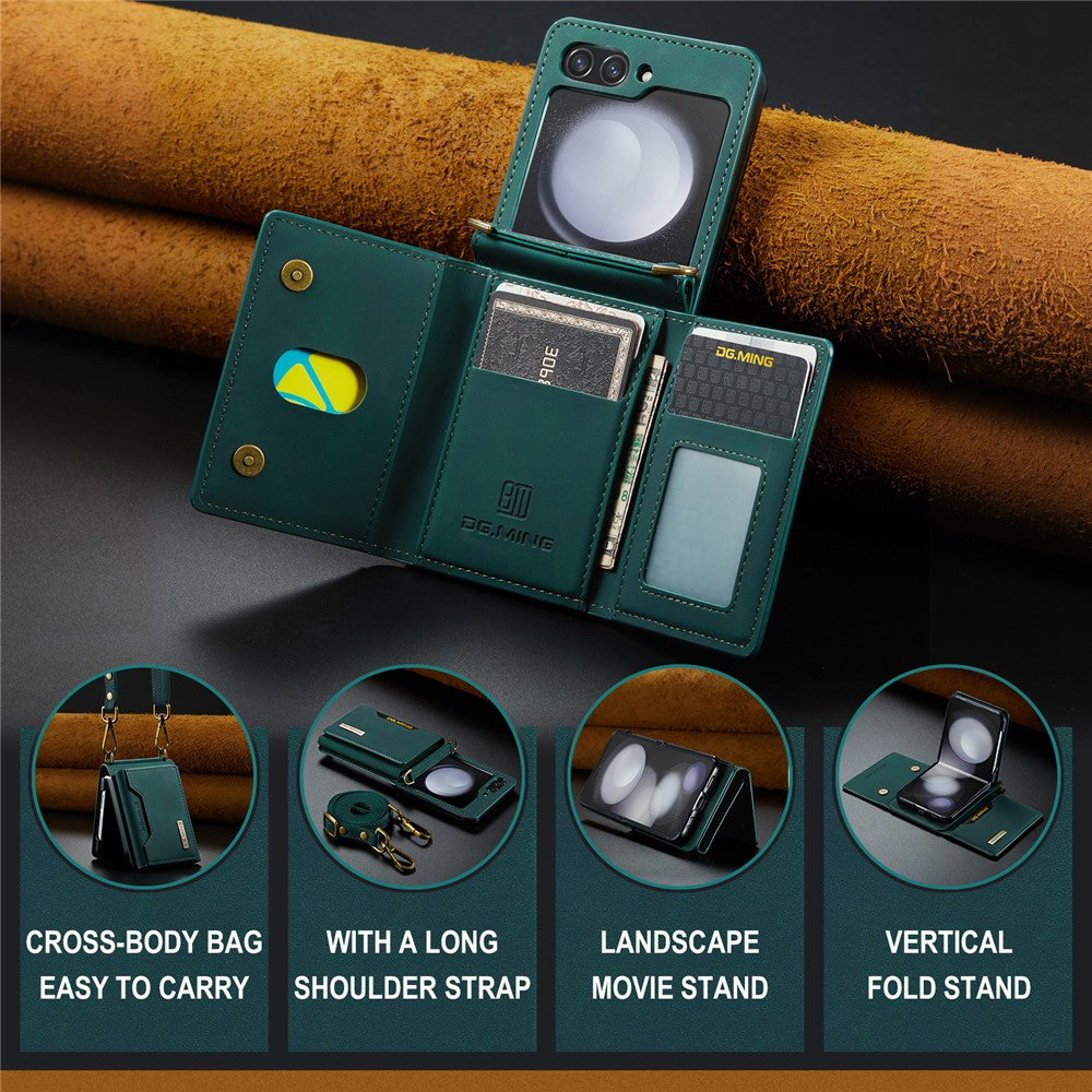 DG.MING M2 Series for Samsung Galaxy Z Flip7 FE 5G / Z Flip6 5G Case PU+PC Phone Cover with Wallet, Strap - Green