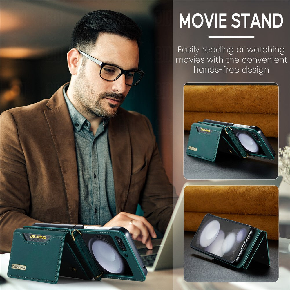 DG.MING M2 Series for Samsung Galaxy Z Flip7 FE 5G / Z Flip6 5G Case PU+PC Phone Cover with Wallet, Strap - Green