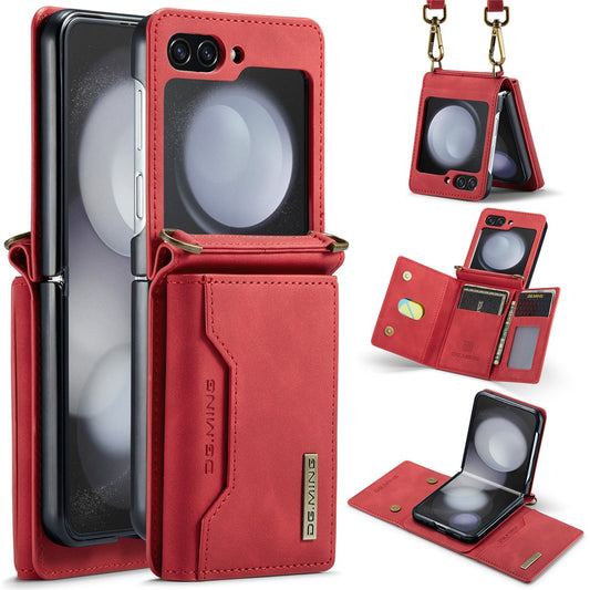 DG.MING M2 Series for Samsung Galaxy Z Flip7 FE 5G / Z Flip6 5G Case PU+PC Phone Cover with Wallet, Strap - Red