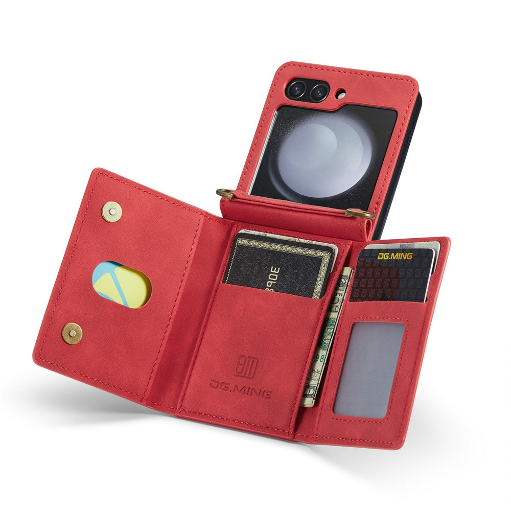 DG.MING M2 Series for Samsung Galaxy Z Flip7 FE 5G / Z Flip6 5G Case PU+PC Phone Cover with Wallet, Strap - Red