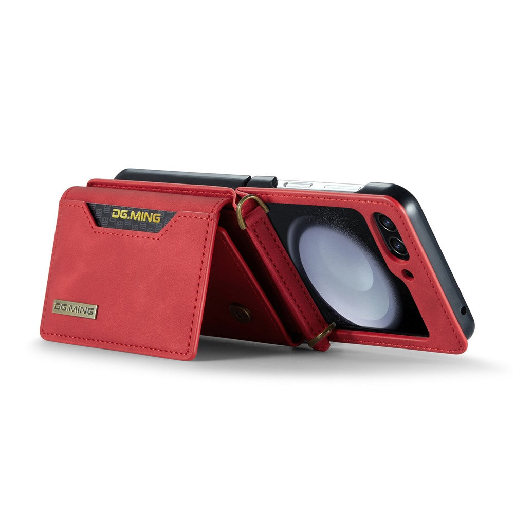 DG.MING M2 Series for Samsung Galaxy Z Flip7 FE 5G / Z Flip6 5G Case PU+PC Phone Cover with Wallet, Strap - Red