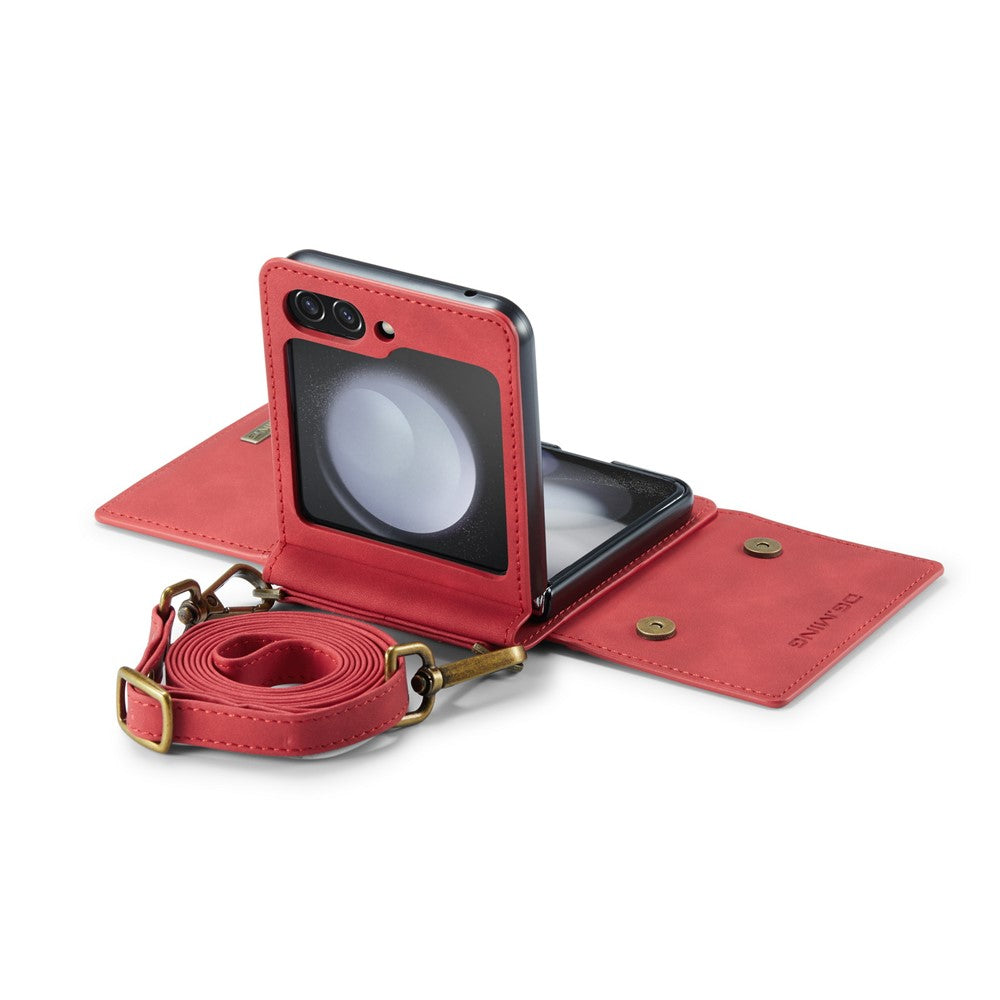 DG.MING M2 Series for Samsung Galaxy Z Flip7 FE 5G / Z Flip6 5G Case PU+PC Phone Cover with Wallet, Strap - Red