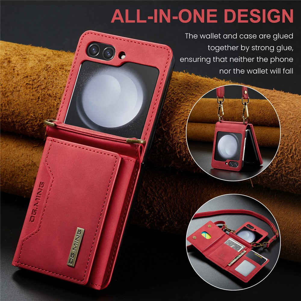 DG.MING M2 Series for Samsung Galaxy Z Flip7 FE 5G / Z Flip6 5G Case PU+PC Phone Cover with Wallet, Strap - Red