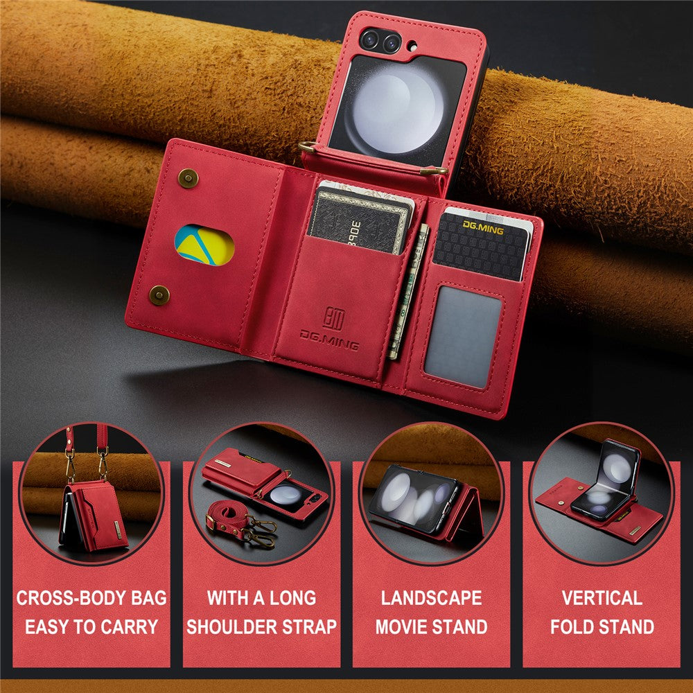 DG.MING M2 Series for Samsung Galaxy Z Flip7 FE 5G / Z Flip6 5G Case PU+PC Phone Cover with Wallet, Strap - Red