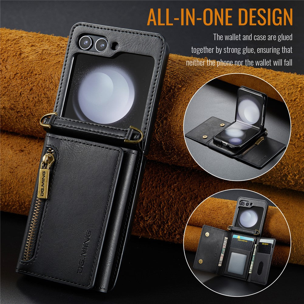 DG.MING M5 Series for Samsung Galaxy Z Flip7 FE 5G / Z Flip6 5G Case RFID Blocking Card Slots PU+PC Phone Cover - Black