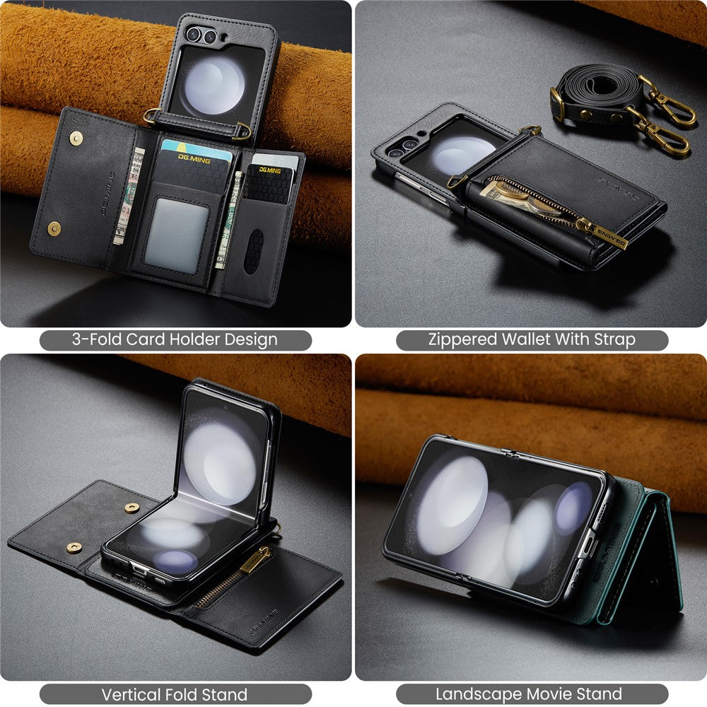 DG.MING M5 Series for Samsung Galaxy Z Flip7 FE 5G / Z Flip6 5G Case RFID Blocking Card Slots PU+PC Phone Cover - Black