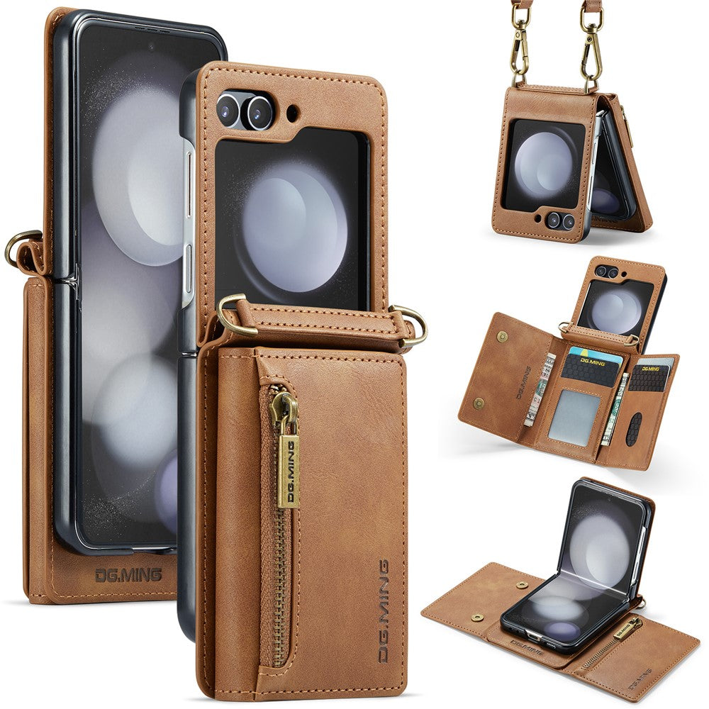 DG.MING M5 Series for Samsung Galaxy Z Flip7 FE 5G / Z Flip6 5G Case RFID Blocking Card Slots PU+PC Phone Cover - Brown