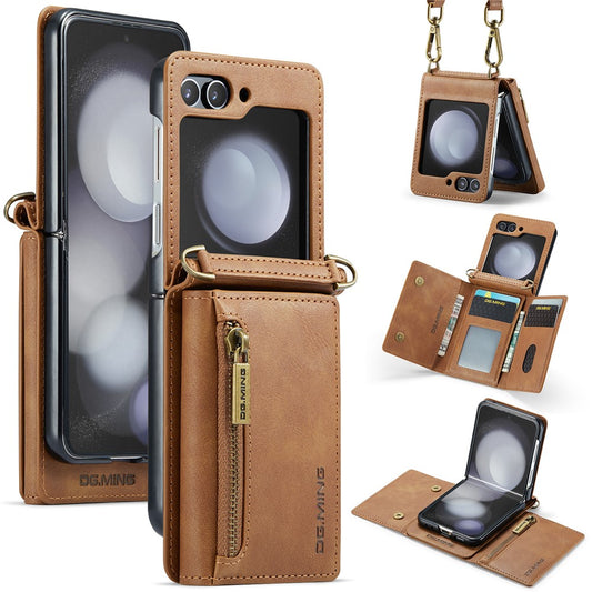 DG.MING M5 Series for Samsung Galaxy Z Flip7 FE 5G / Z Flip6 5G Case RFID Blocking Card Slots PU+PC Phone Cover - Brown