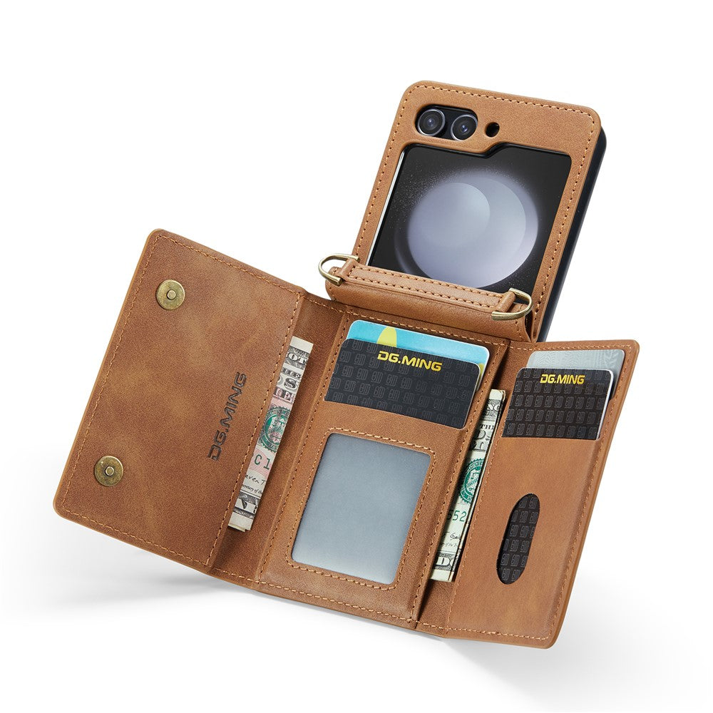 DG.MING M5 Series for Samsung Galaxy Z Flip7 FE 5G / Z Flip6 5G Case RFID Blocking Card Slots PU+PC Phone Cover - Brown