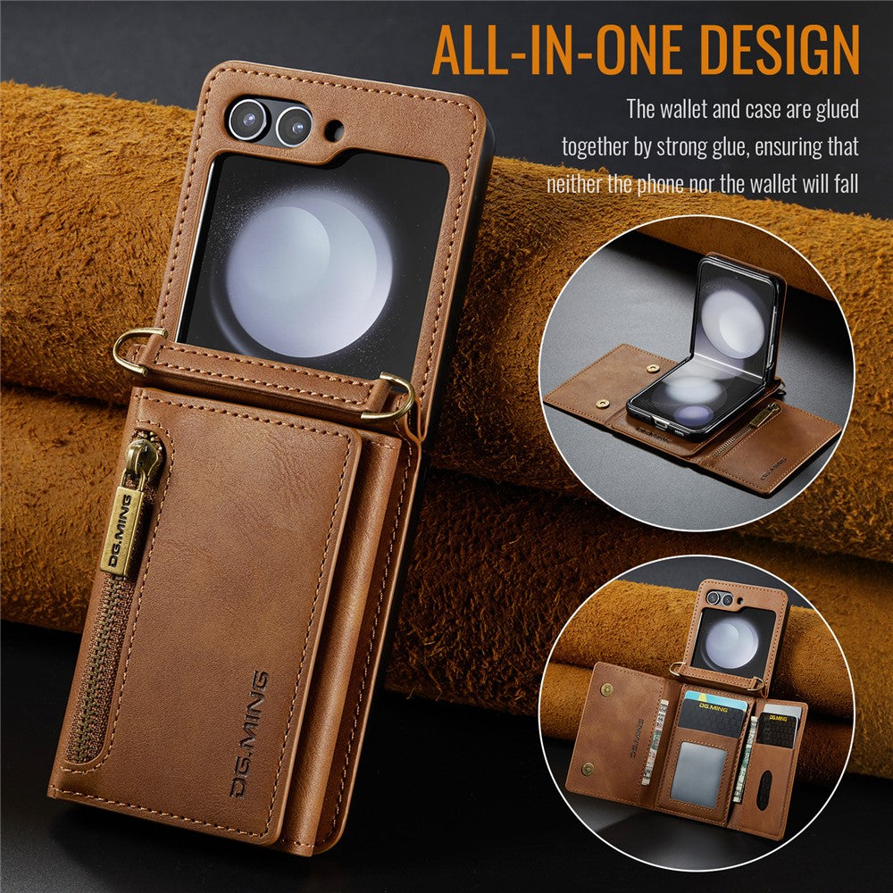 DG.MING M5 Series for Samsung Galaxy Z Flip7 FE 5G / Z Flip6 5G Case RFID Blocking Card Slots PU+PC Phone Cover - Brown