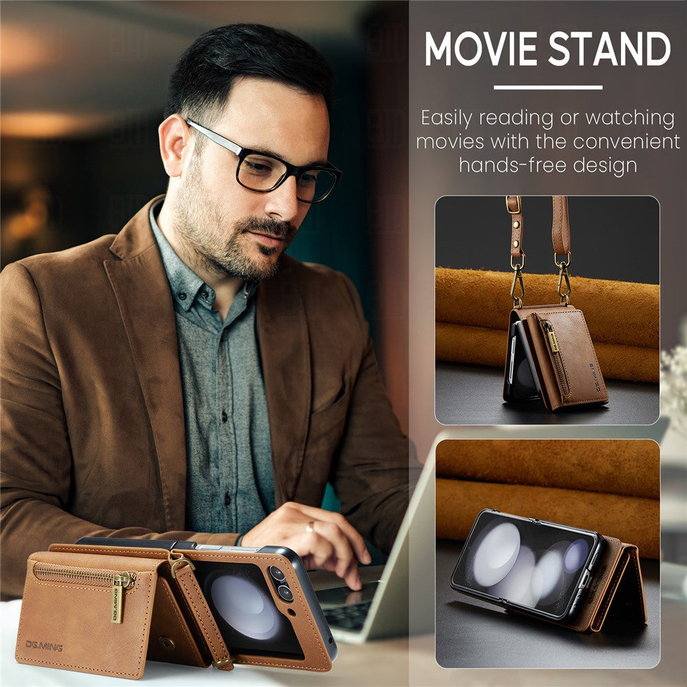 DG.MING M5 Series for Samsung Galaxy Z Flip7 FE 5G / Z Flip6 5G Case RFID Blocking Card Slots PU+PC Phone Cover - Brown